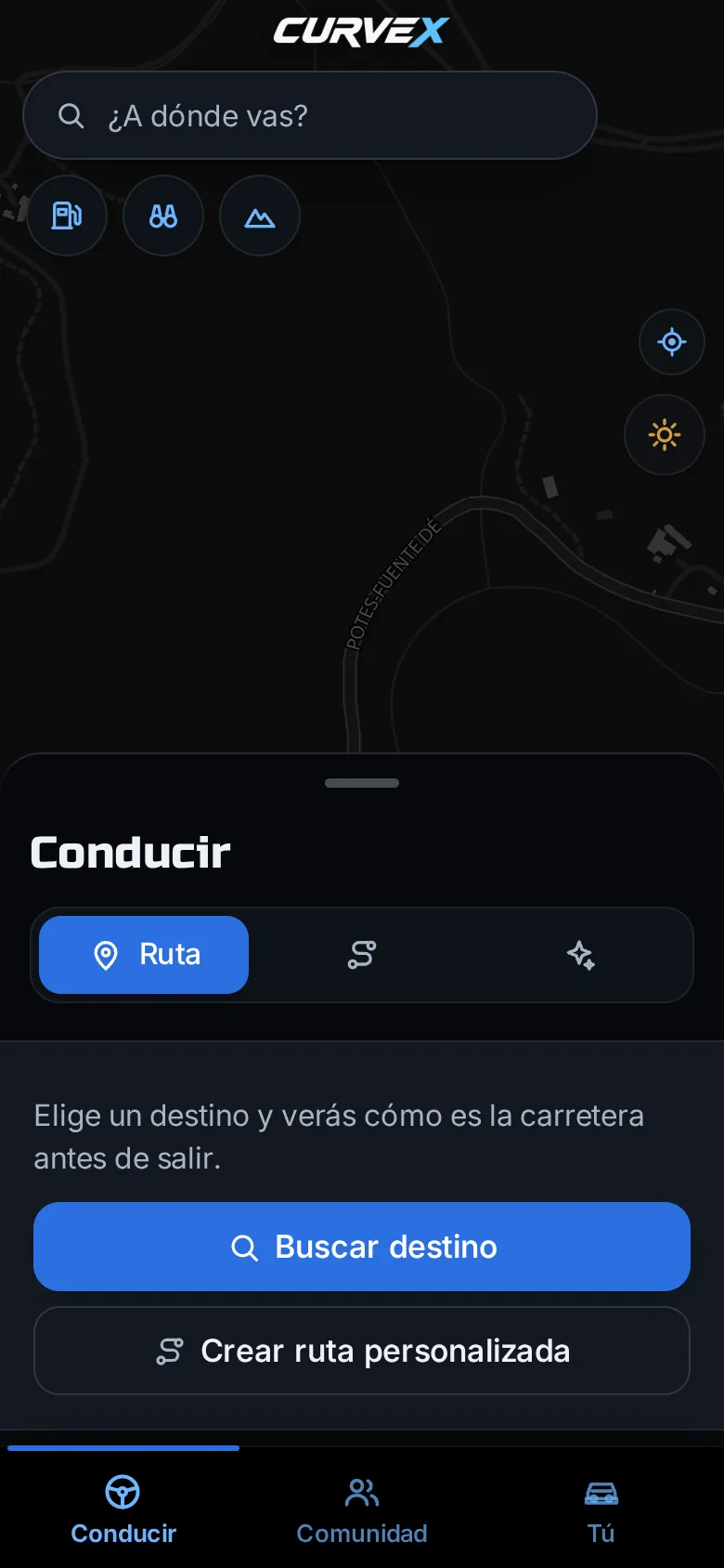 Pantalla de Curvex en el móvil: el mapa con la búsqueda «¿A dónde vas?» y el panel Conducir